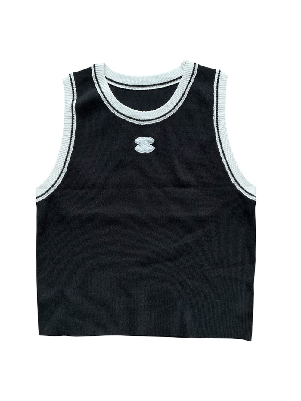 CHANEL Black Sleeveless Ribbed Tank with White Trim